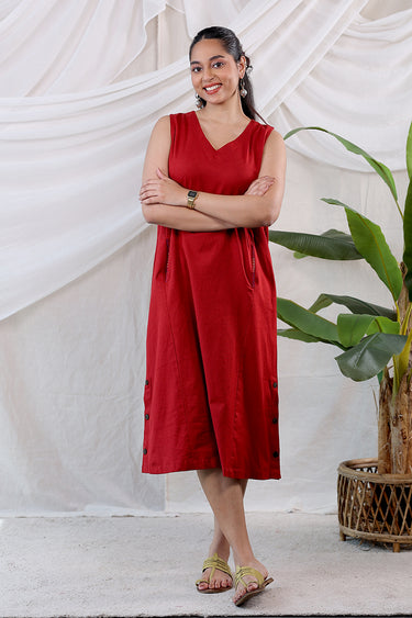 Rust Dyed Cotton Flax Women Midi Dress