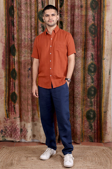 Rust Hand Dyed Cotton Double Cloth Men Shirt Half Sleeves MSHHS251C23