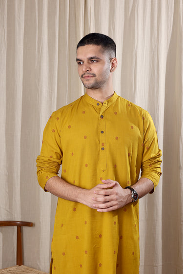 Mustard Dobby South Cotton Men Long Kurta Full Sleeves MLKFS252C4