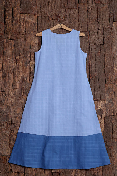 Powder Blue Dobby Checks Natural Cotton Linen Women Midi Dress