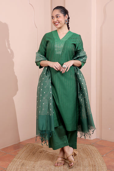 Dark Green Jaquard Stripes Banarasi Silk Dupatta DUPAT252C149