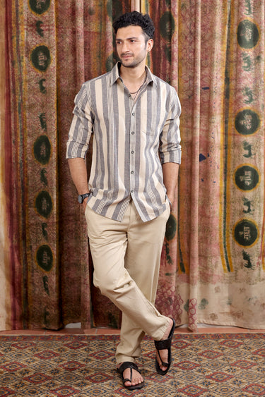 Black Stripes Cotton Linen Men Shirt Full Sleeves MSHFS253C4