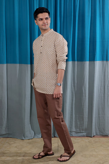 Russet Brown Sanganeri Natural Cotton Linen Men Short Kurta