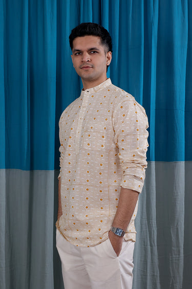Mustard Sanganeri Natural Cotton Linen Men Short Kurta Full Sleeves MSKFS01264