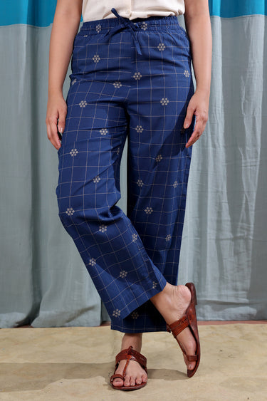 Dark Blue Checks Dobby South Cotton Women Flared Pant