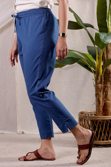 Indigo Dyed Cotton Flax Women Ankle Pant