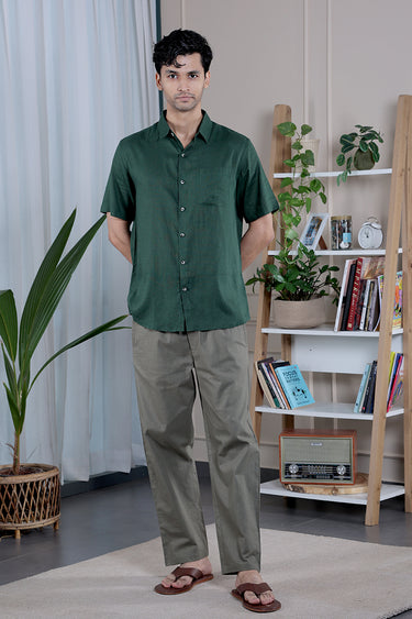 Bottle Green Dyed Lyocell Linen Men Shirt