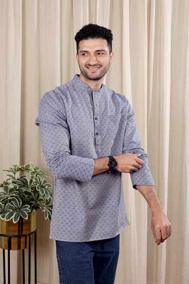 Blue Sanganeri Amber Cotton Men Short Kurta Full Sleeves MSKFS252C13