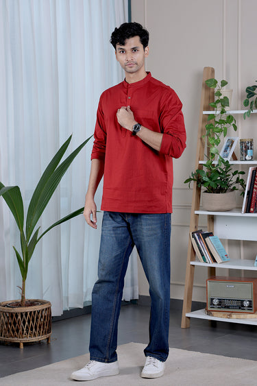 Deep Red Dyed Cotton Misdent Men Short Kurta