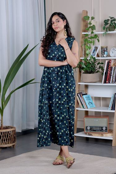 Green Ajrakh Cotton Women Maxi Dress