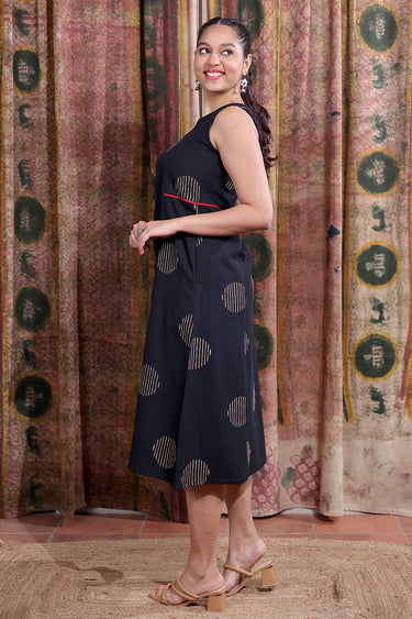 Black Sanganeri Cotton Flax Women Midi Dress Sleeveless WDRSL253C29