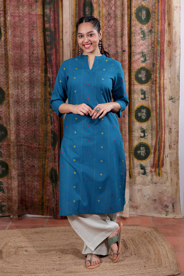 Teal Blue Dobby Buti South Cotton Women Long Kurta