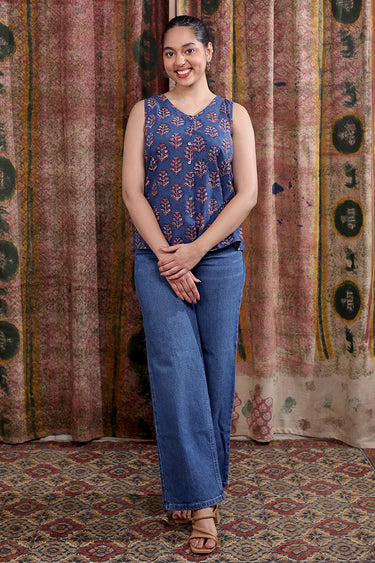 Indigo Dhabu Cotton Women Short Top Sleeveless WSTSL253C16