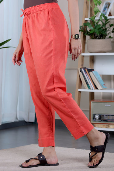 Dark Coral Dyed Classic Cotton Linen Women Ankle Pant