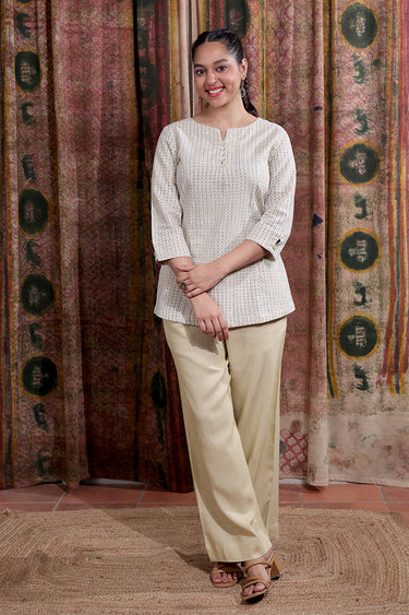 Mustard Blue Sanganeri Cotton Linen Women Kurti