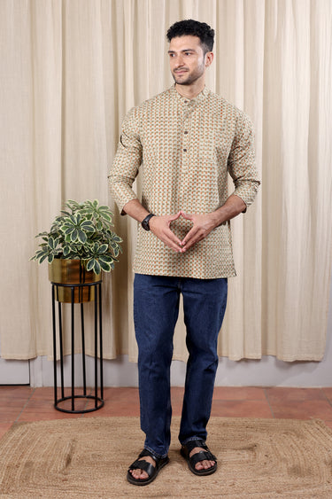 Sand Brown Sanganeri Fine Cotton Men Short Kurta Full Sleeves MSKFS252C29