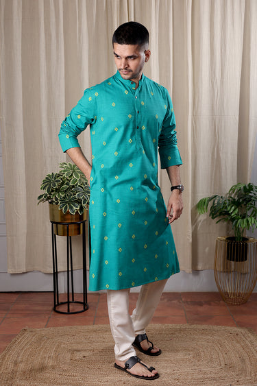 Turquoise Dobby South Cotton Men Long Kurta Full Sleeves MLKFS252C10