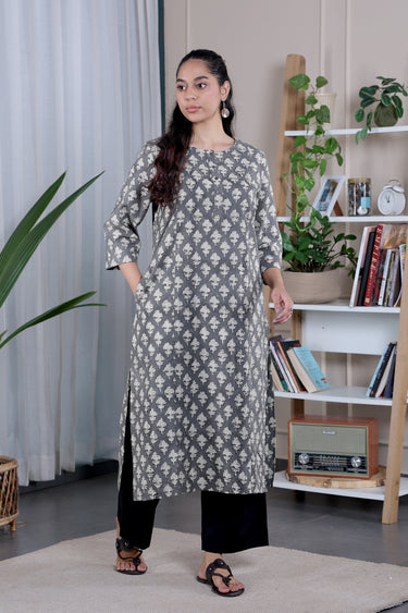 Dull Grey Bagru Lite Cotton Flax Women Long Kurta