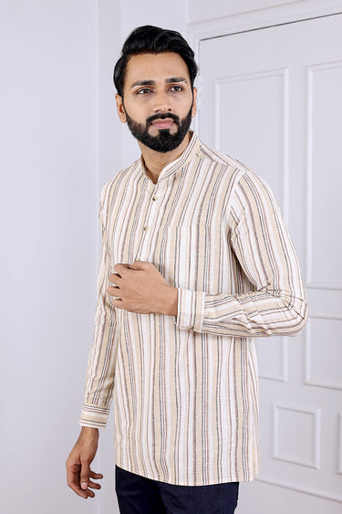 Beige Hand Dyed South Cotton Flax Men Short Kurta Full Sleeves MSKFS032324