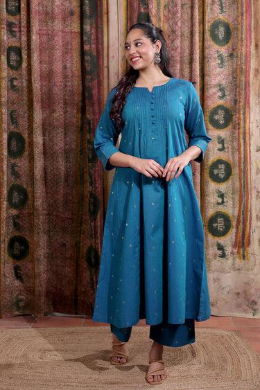 Dark Teal Zari Buti South Cotton Women Ankle Kurta