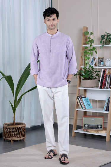 Dusty Mauve Stripes South Cotton Flax Men Short Kurta