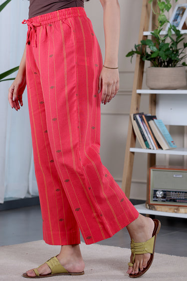 Red Stripes Dobby Fine Cotton Flax Women Flared Pant