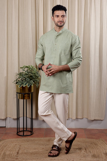 Sage Green Sanganeri Fine Cotton Men Short Kurta Full Sleeves MSKFS252C31