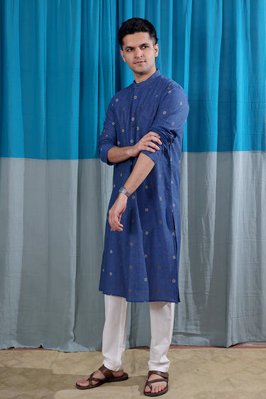 Dark Blue Zari Buti South Cotton Men Long Kurta
