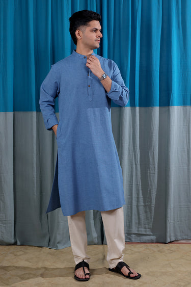 Ocean Blue Yarn Dyed South Cotton Flax Men Long Kurta