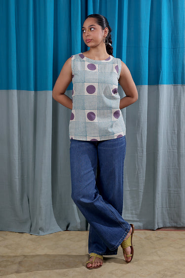 Teal Blue Sanganeri Natural Cotton Linen Women Short Top Sleeveless WSTSL12253