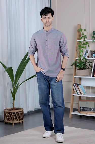 Red Blue Yarn Dyed Fine Cotton Men Short Kurta