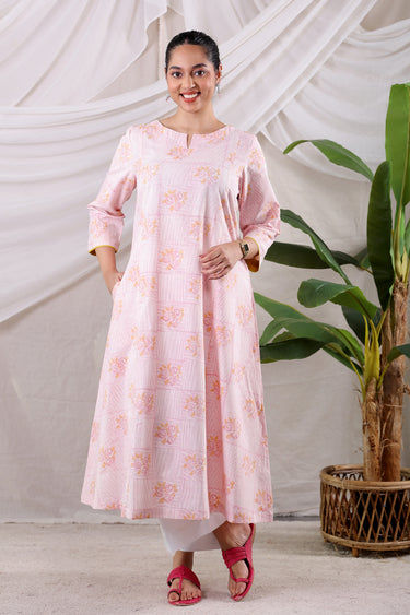 Pink Yellow Sanganeri Cotton Dobby Women Long Kurta