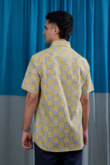 Mustard Sanganeri Natural Cotton Linen Men Shirt Half Sleeves MSHHS122515