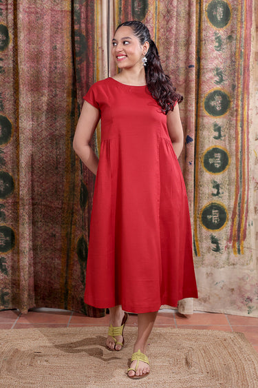 Red Hand Dyed Cotton Viscose Blend Women Midi Dress Short Sleeves WDRSS253C5