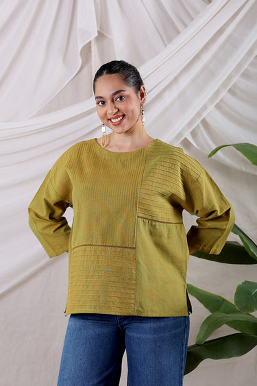 Olive Yarn Dyed Fine Cotton Flax Women Short Top