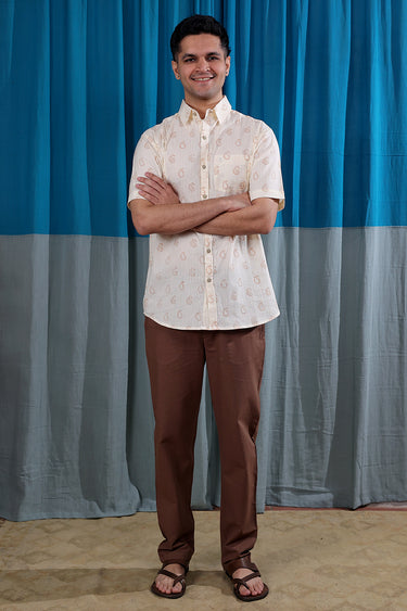 Burnt Orange Sanganeri Cotton Seer Sucker Men Shirt Half Sleeves MSHHS253C15