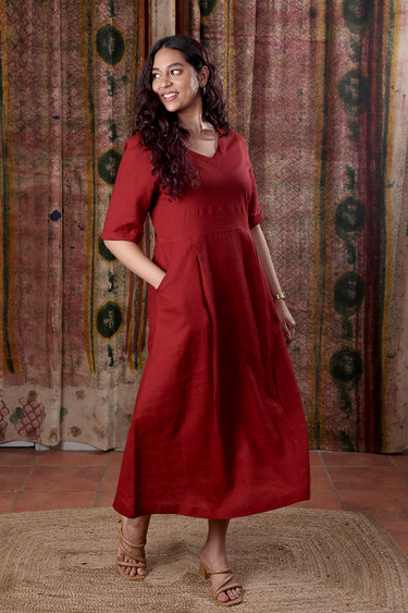 Maroon Hand Dyed Lyocell Linen Women Midi Dress Long Sleeves WDRLS252C5