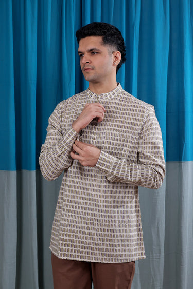 Brown Purple Sanganeri Natural Cotton Linen Men Short Kurta