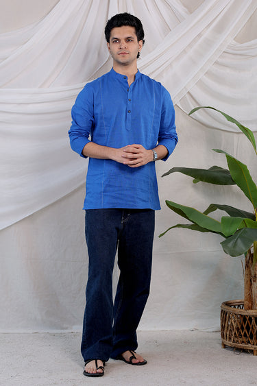 Royal Blue Dyed Classic Cotton Linen Men Short Kurta