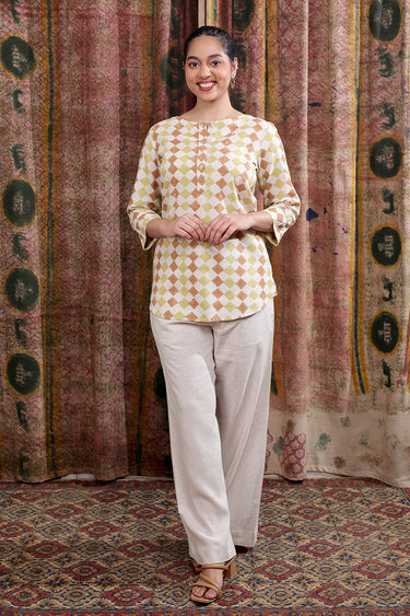 Brown Olive Sanganeri Cotton Linen Women Kurti Long Sleeves WKILS253C12