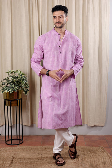 Purple Dobby Stripes South Cotton Men Long Kurta Full Sleeves MLKFS252C45