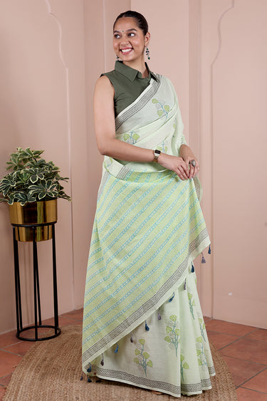 Pastel Green Sanganeri Cotton Malmal Saree SAREE251C22