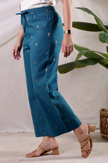 Teal Blue Zari Buti South Cotton Women Flared Pant