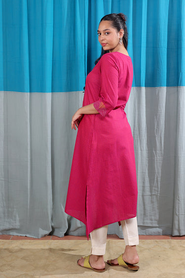 Dark Pink Hand Embroidery South Cotton Women Long Kurta Long Sleeves WLKLS01264