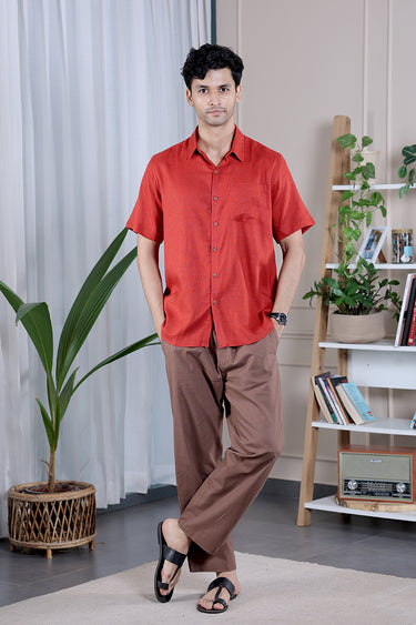Brick Red Dyed Lyocell Linen Men Shirt