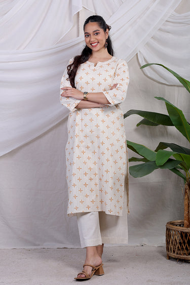 Orange Sanganeri Natural Cotton Linen Women Long Kurta
