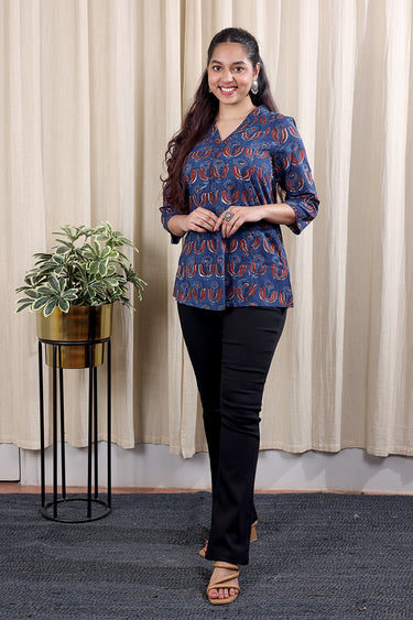 Indigo Bagru Dhabu Cotton Modal Women Kurti Long Sleeves WKILS252C80