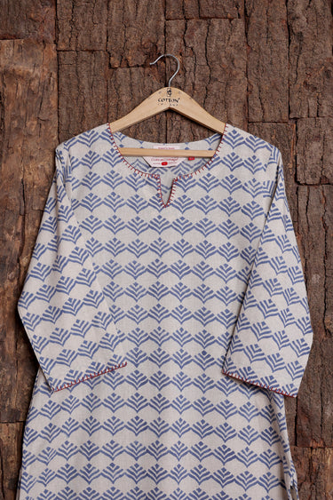 Dark Blue Sanganeri Natural Cotton Linen Women Long Kurta