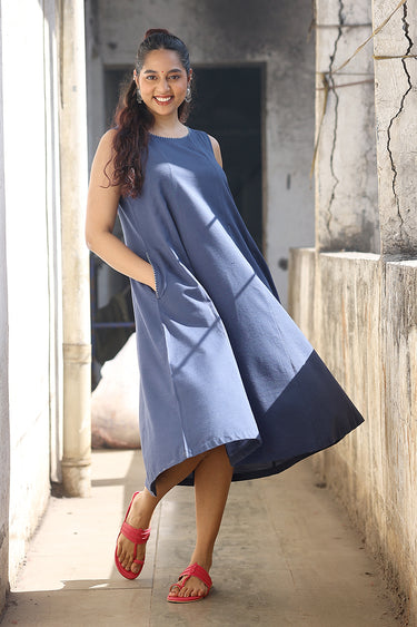 Navy Blue Hand Dyed Cotton Viscose Blend Women Midi Dress Sleeveless WDRSL253C7