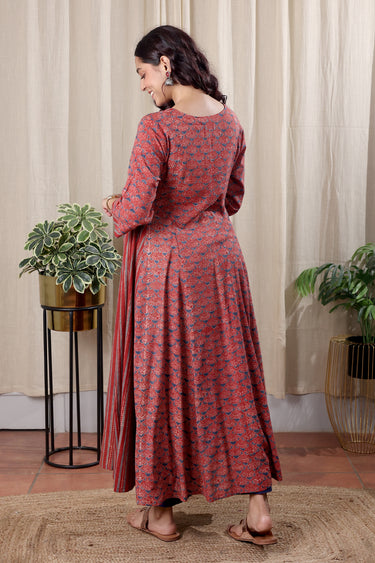 Rust Ajrakh Cotton Modal Women Ankle Kurta Long Sleeves WAKLS252C12